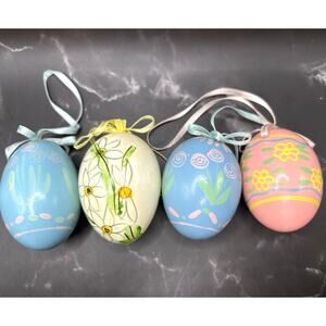 Vintage 80’s Hand Decorated Real Egg Easter Ornaments Pastels Set of Four